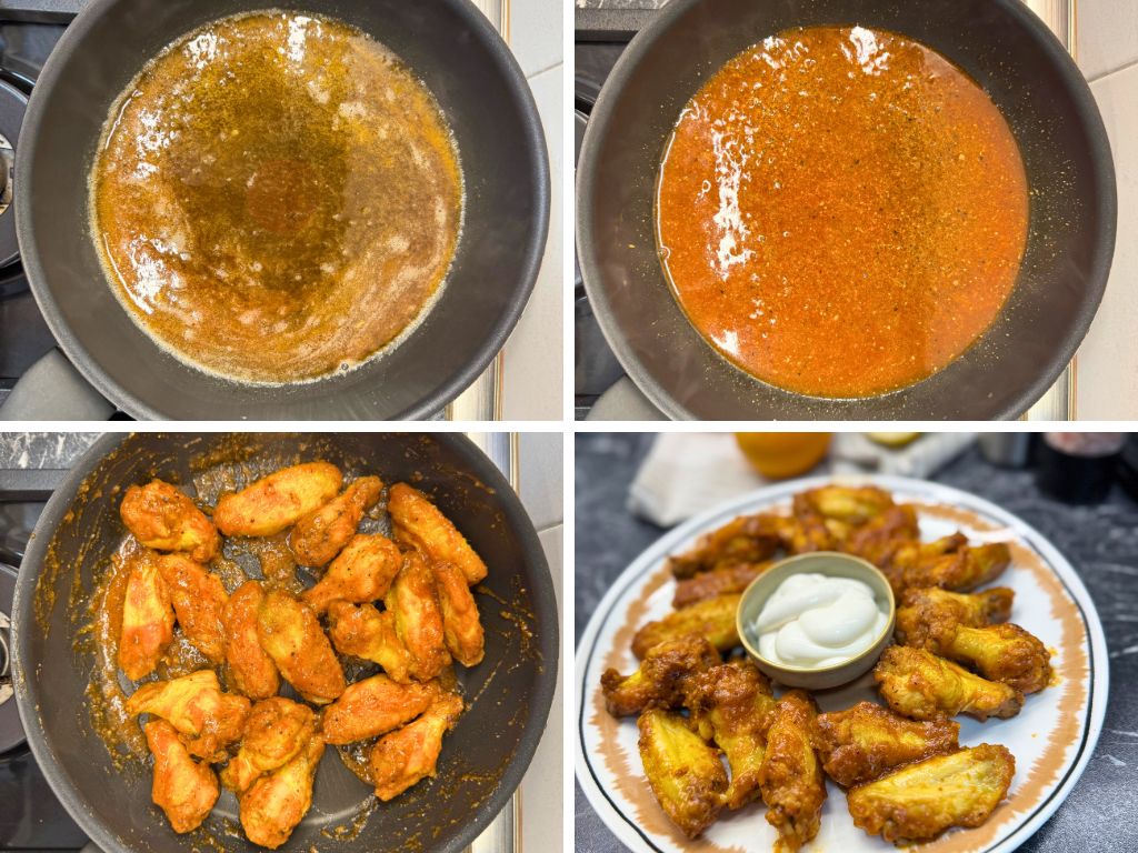 Cooking steps for air fryer orange chicken wings: melting butter with spices, adding tomato-based citrus glaze, tossing cooked wings in the sauce, and serving on a plate with dipping sauce.
