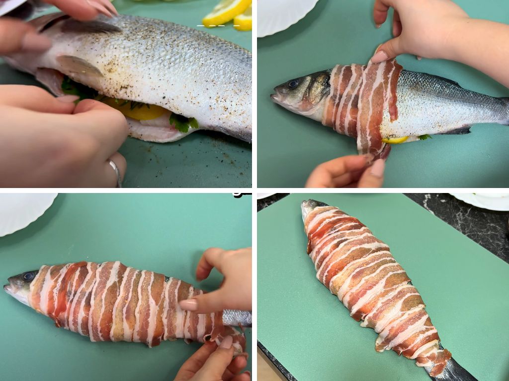 Step-by-step process of preparing trout: stuffing with herbs and lemon slices, and wrapping the whole fish with raw bacon strips on a green cutting board
