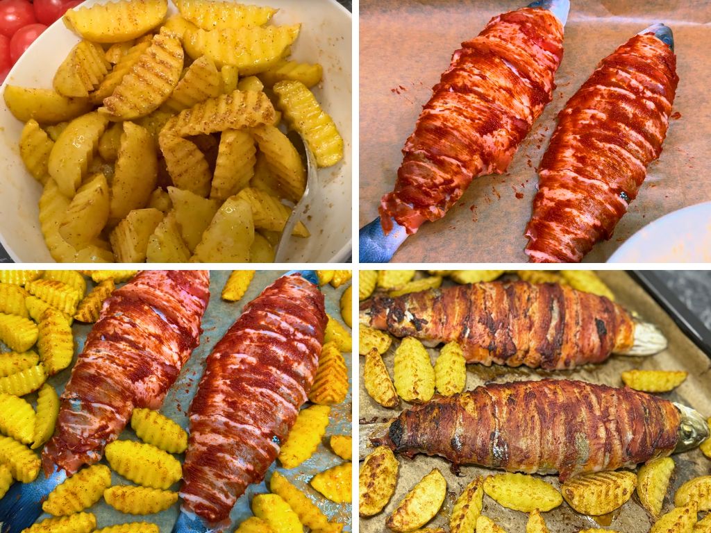 Four-step cooking process of bacon-wrapped trout with crinkle-cut potatoes: seasoned raw potatoes, bacon-wrapped trout with tomato paste, trout and potatoes on a baking tray before baking, and final baked dish