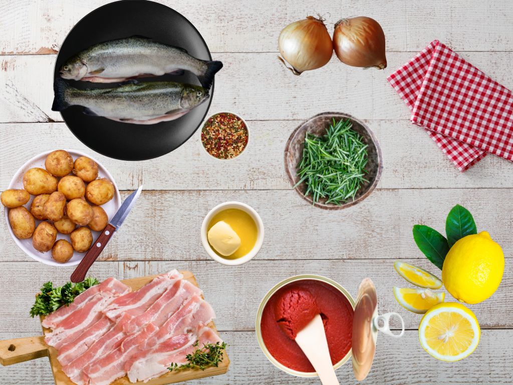 Flat lay of ingredients for bacon-wrapped trout, including fresh trout, baby potatoes, bacon slices, onions, rosemary, lemon, tomato paste, melted butter, and mixed spices on a wooden surface