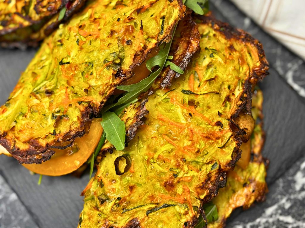 Golden baked crispy veggie wraps stacked on a dark slate board, filled with tomato slices and fresh greens, featuring a vibrant mix of zucchini and carrots.