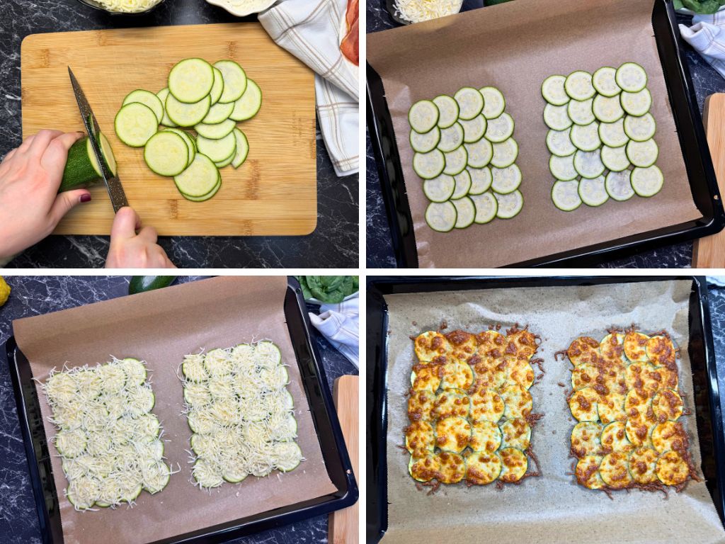 Step-by-step process of making a baked zucchini sandwich: slicing zucchini, arranging slices on a baking tray, topping with shredded mozzarella, and baking until golden brown.