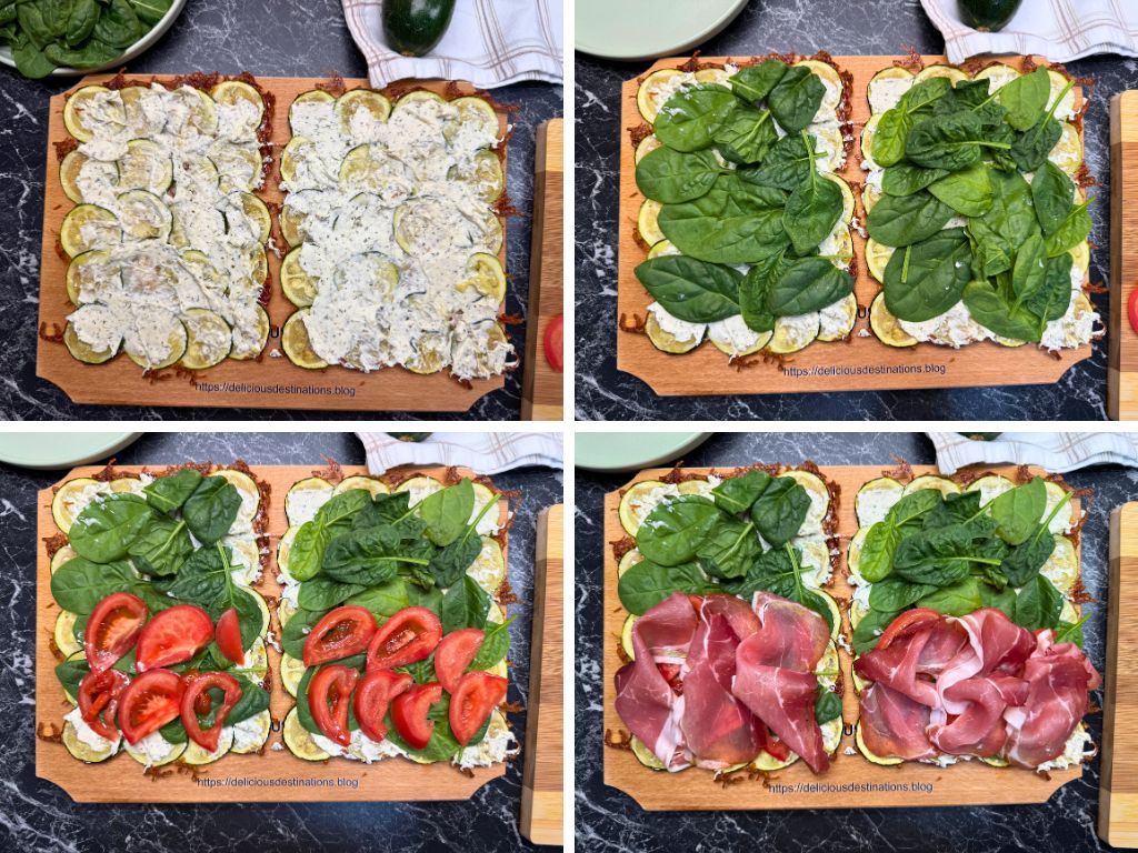 Step-by-step layering of baked zucchini sandwich: spreading cream cheese on baked zucchini slices, adding spinach, sliced tomatoes, and prosciutto on top.