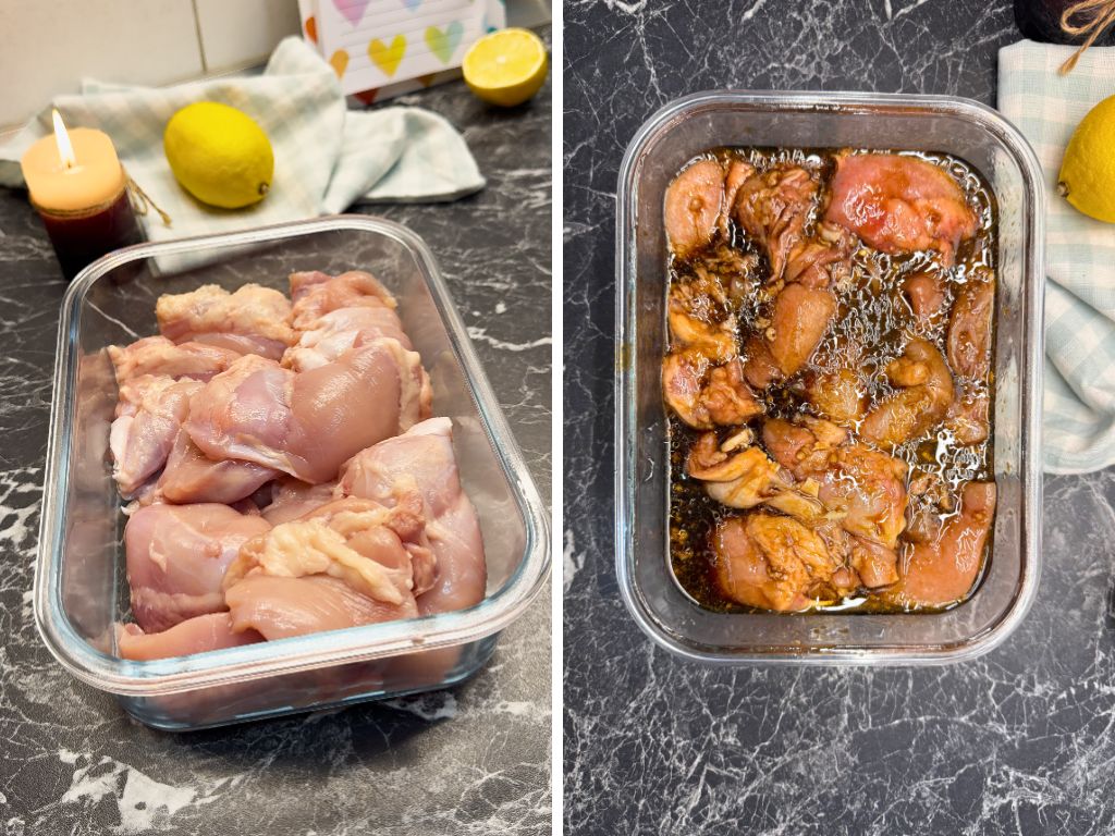 Raw chicken thighs in a glass container before marinating and the same chicken soaked in lemon teriyaki marinade, surrounded by fresh lemons and a checkered cloth.