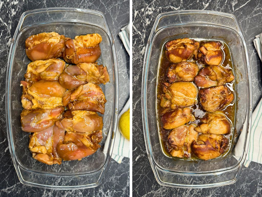 Side-by-side view of raw chicken thighs marinating in teriyaki sauce and the same chicken fully cooked in a glass baking dish with caramelized sauce.