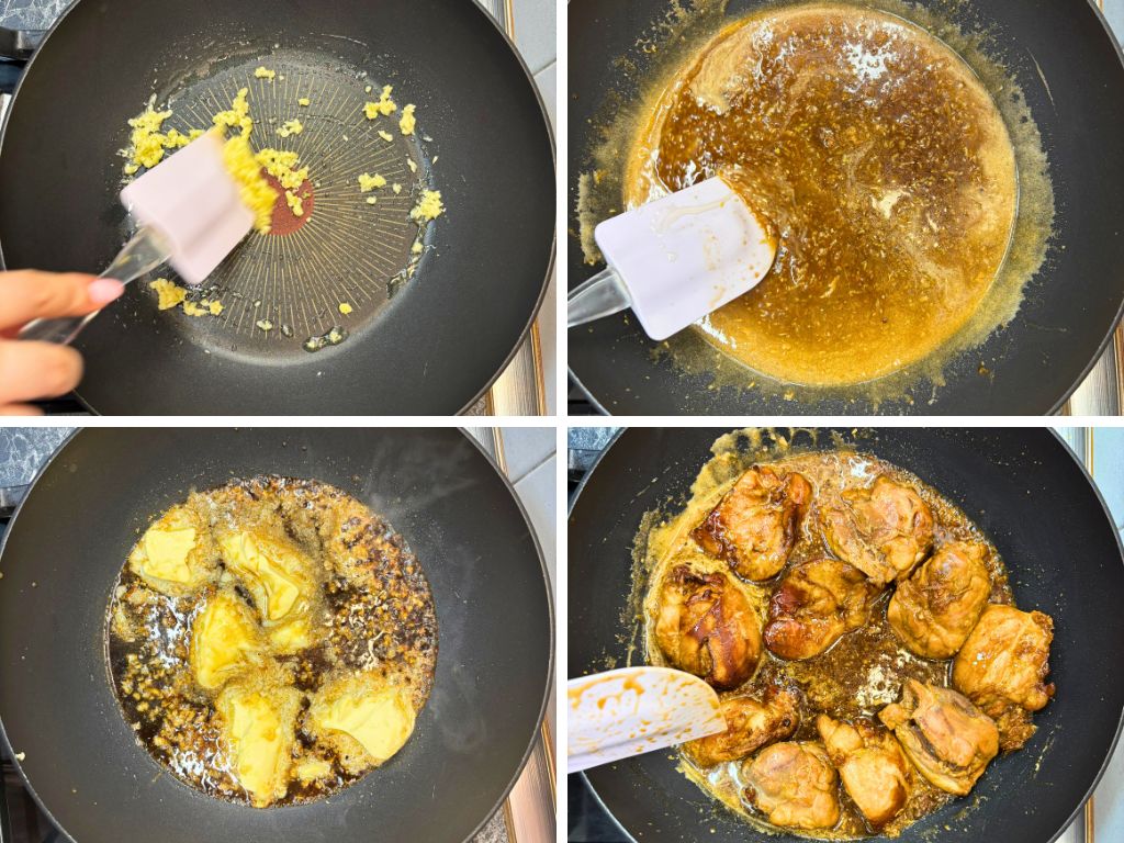 Four-step cooking process showing garlic being sautéed, sauce simmering, butter melting into the mixture, and chicken thighs simmering in thickened lemon teriyaki sauce.
