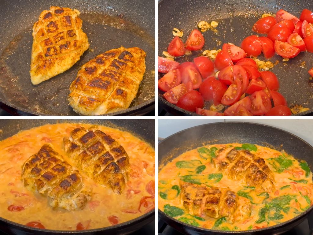 Four-step cooking collage: seared chicken breasts browning in a skillet, cherry tomatoes and garlic sautéing, chicken simmering in a creamy tomato sauce, and finally spinach added to the sauce with the chicken.