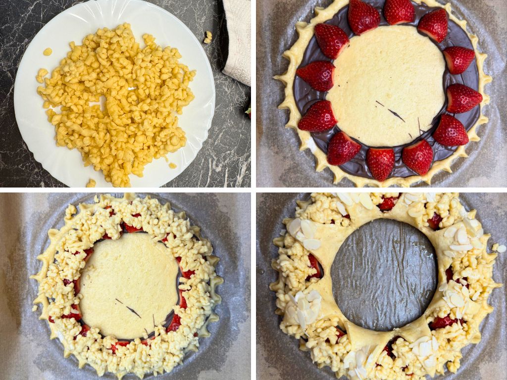 Collage showing how to finish the strawberry tart: grated dough on a plate, strawberries and chocolate arranged on dough, grated dough added on top, and sliced almonds before baking.