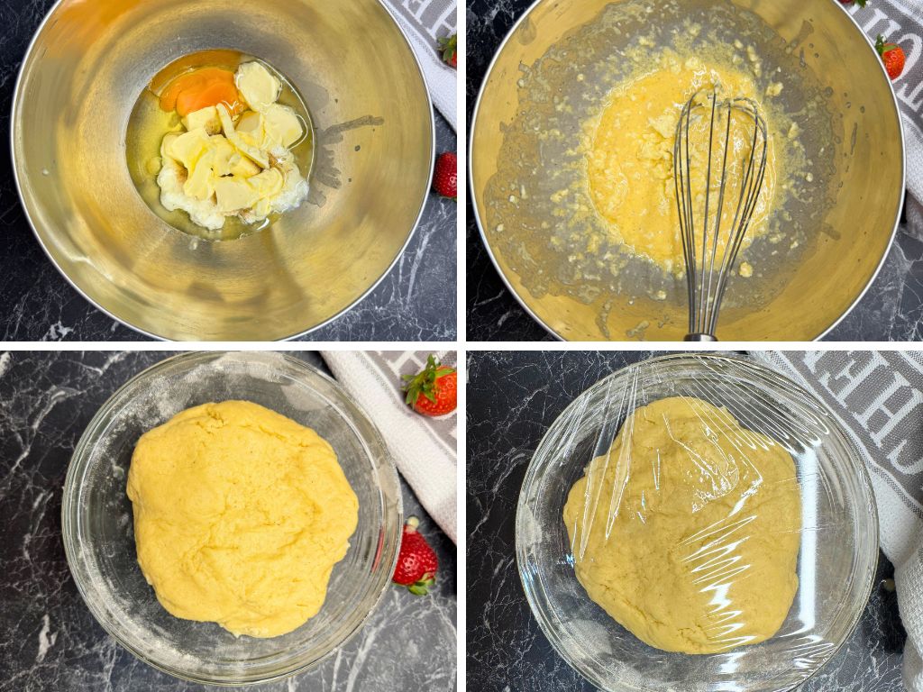 Step-by-step images showing how to prepare tart dough: combining ingredients in a bowl, mixing with a whisk, forming the dough, and covering it to chill.