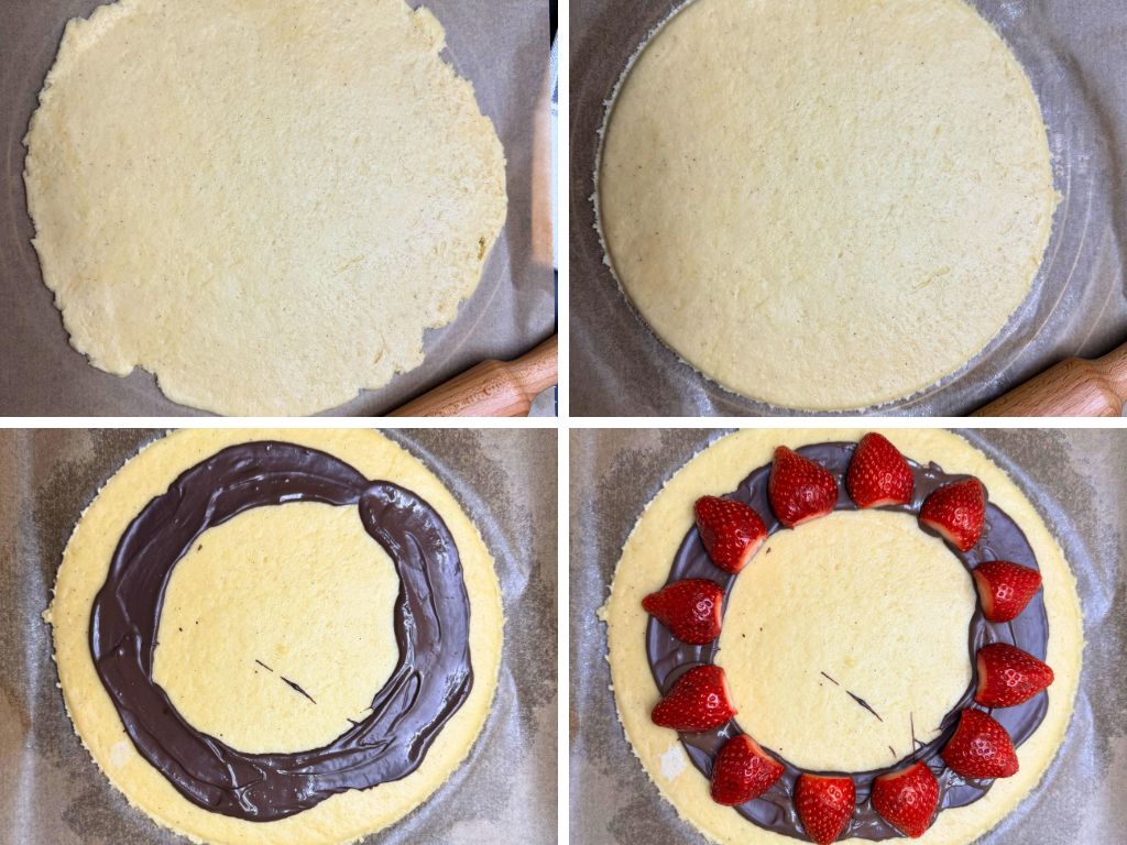 Step-by-step collage showing how to prepare a strawberry tart: rolling out dough, shaping with a bowl, spreading melted chocolate in a ring, and topping with strawberries.