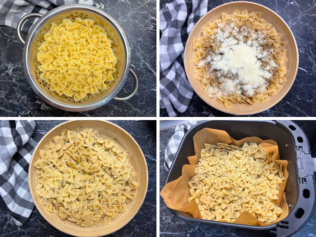 Step-by-step collage showing how to make Air Fryer Pasta Chips: cooked bowtie pasta drained in a colander, pasta mixed with oil, spices, and Parmesan in a bowl, seasoned pasta ready to air fry, and pasta placed in a parchment-lined air fryer basket.