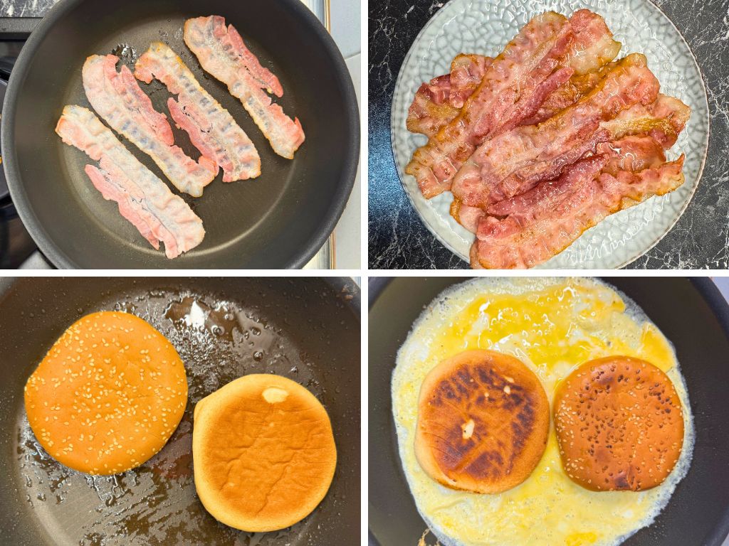 Step-by-step images showing bacon cooking in a pan, crispy bacon on a plate, toasting burger buns, and buns placed on eggs while cooking in a pan.