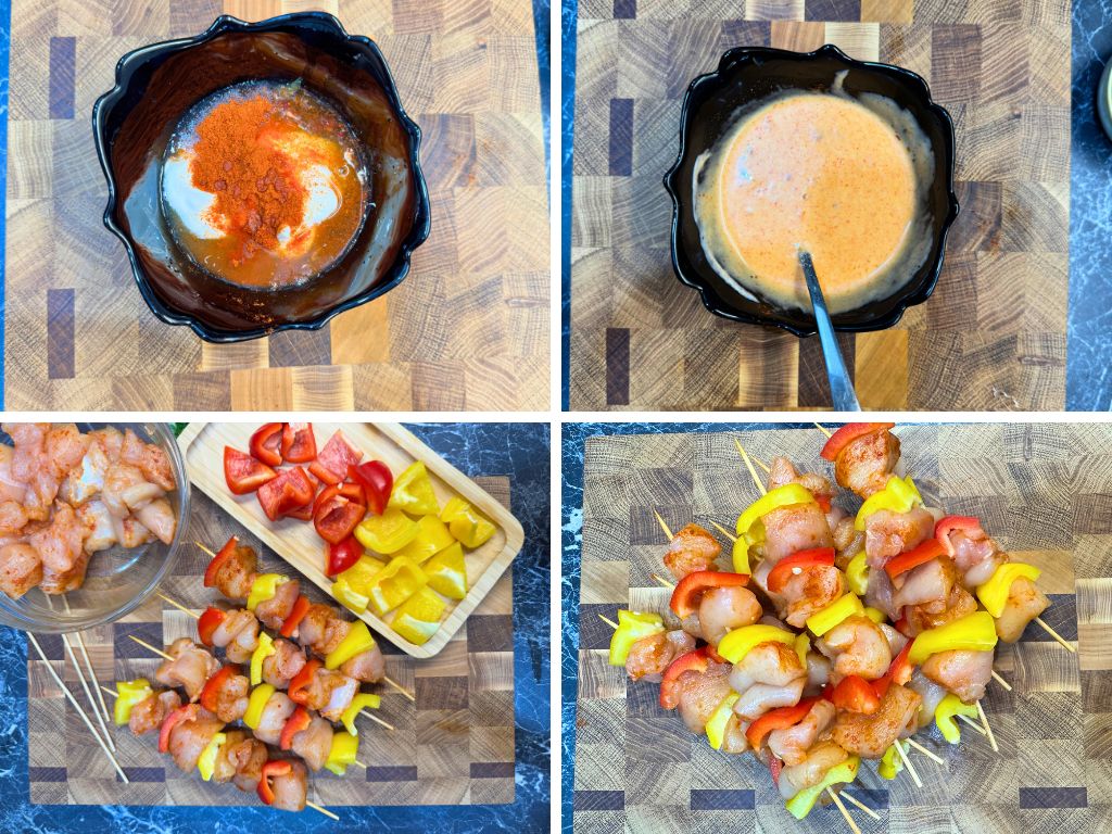 Assembling Chicken and Bell Pepper Skewers with Sweet Chili Sauce Marinade