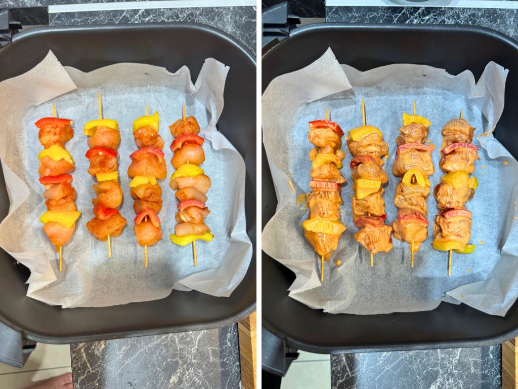 Raw chicken and bell pepper skewers placed in an air fryer basket lined with parchment paper, then partially cooked kebabs starting to brown.