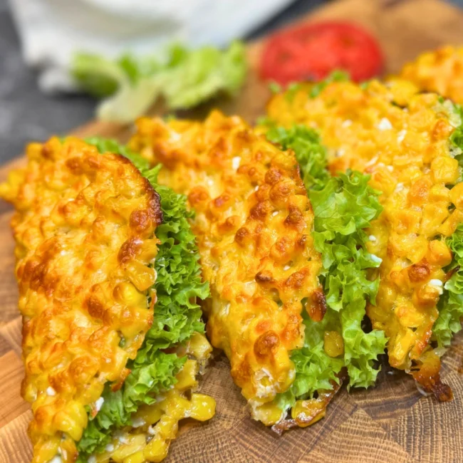Crispy corn cheese sandwiches stacked with fresh lettuce and tomatoes on a wooden board