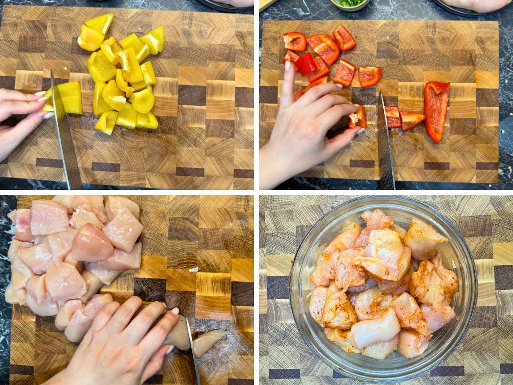 Preparing Vegetables and Marinated Chicken for Air Fryer Kebabs