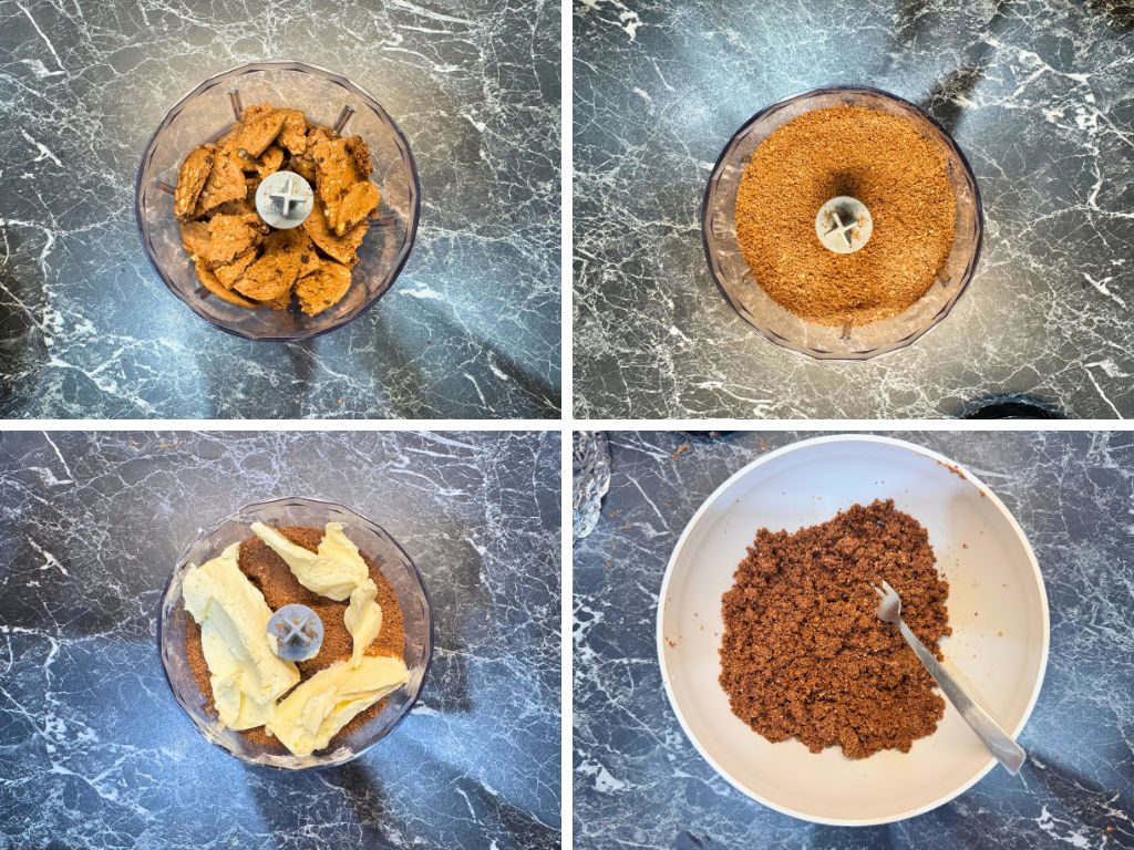 Four-step collage showing the process of making a cheesecake crust: whole chocolate cookies in a food processor, crushed cookies into fine crumbs, adding butter to the crumbs, and mixing the crust mixture in a bowl.