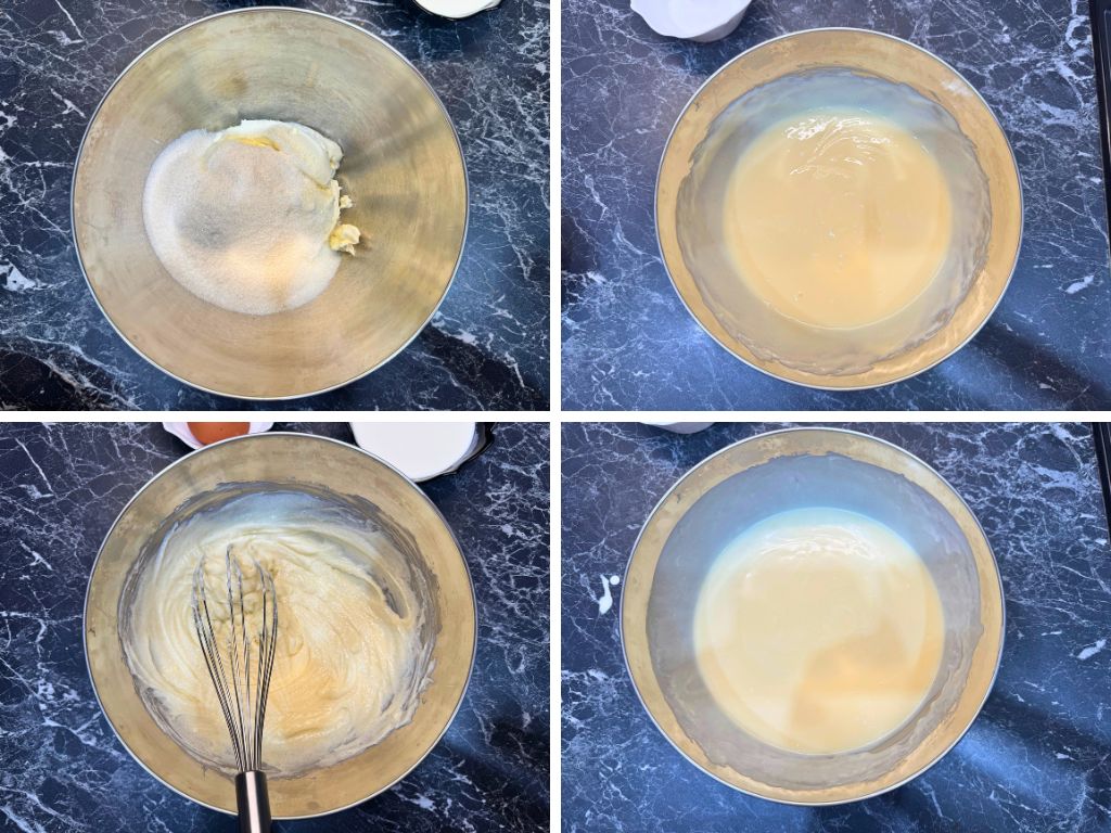 Step by step mixing of peanut butter cheesecake filling