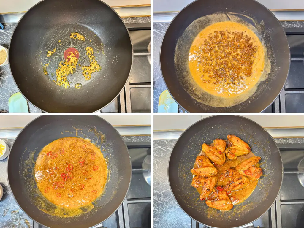 Step by step photos of making Lemon Fire Sauce: sautéing garlic in oil, simmering sauce with lemon and chili, adding sliced peppers, and coating oven baked chicken wings in the spicy sticky sauce