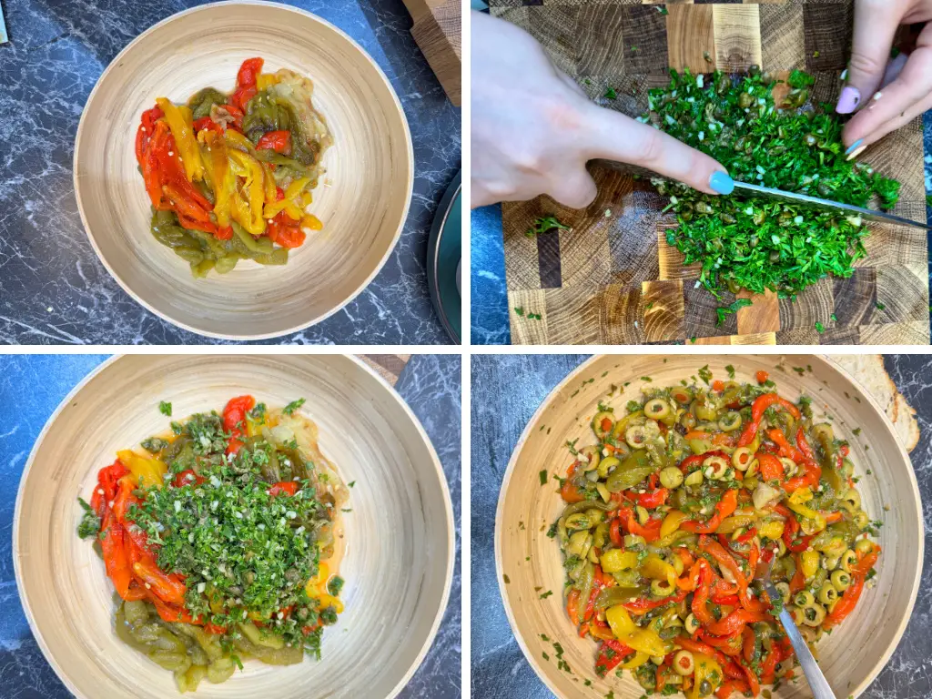 Step-by-step assembly of roasted bell pepper and olive salad: roasted peppers in a bowl, fresh herbs being chopped, herbs added to peppers, and the completed colorful salad.