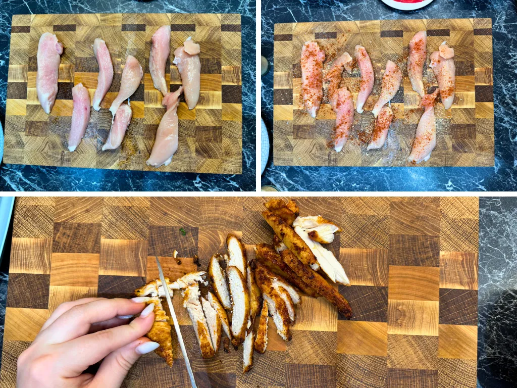 Step-by-step preparing chicken for tortilla wraps – raw strips, seasoned with spices, pan-fried, and sliced.