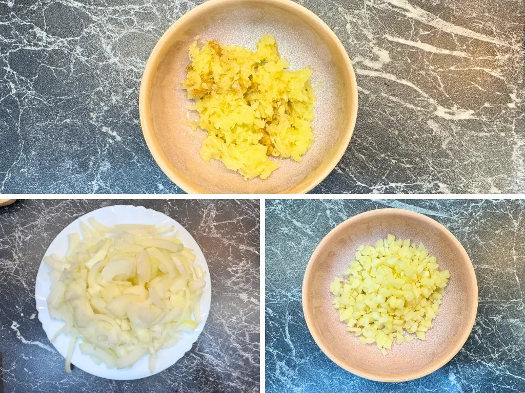 Bowls with minced garlic, grated ginger, and sliced onions prepared for cooking beer braised pork ribs.