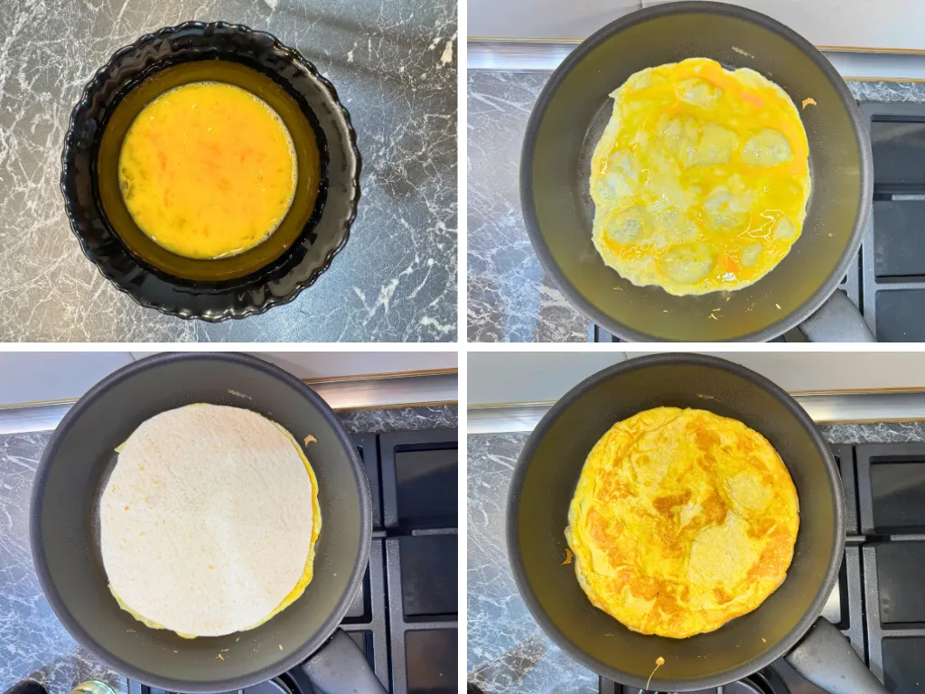 Making egg tortillas for chicken wraps – whisked eggs in bowl, cooking in a pan, topped with tortilla, and flipped golden brown.