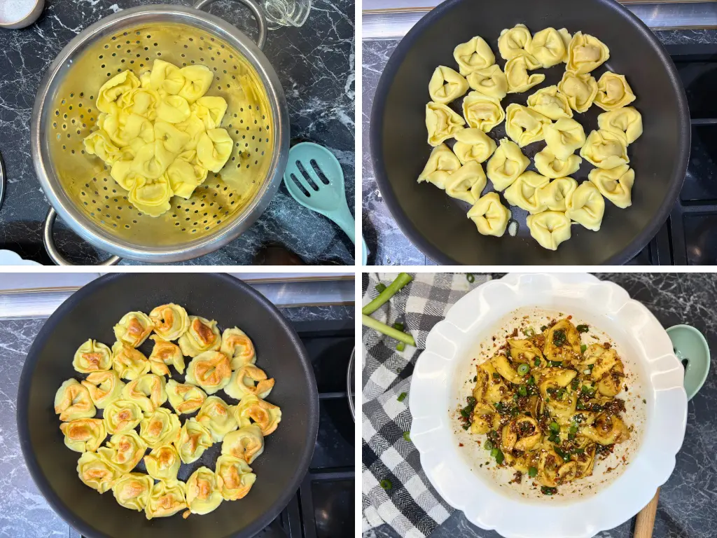 Step-by-step photos showing drained tortelloni, pan-frying until golden, and mixing with chili oil sauce.