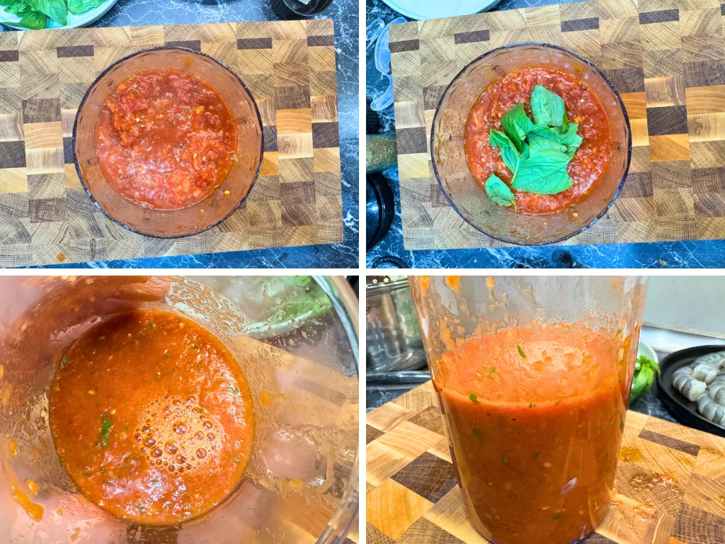 Blending tomato sauce with fresh basil.