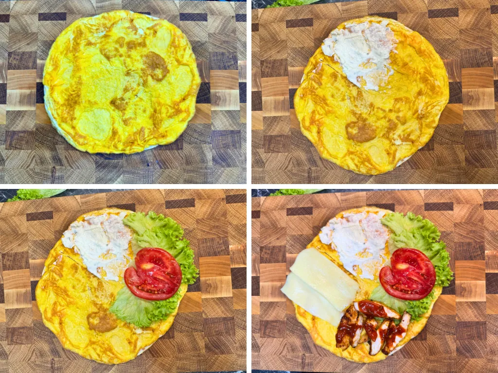 Assembling chicken tortilla wraps – adding cream cheese, lettuce, tomato slices, cheese, chicken, and sauce step by step.