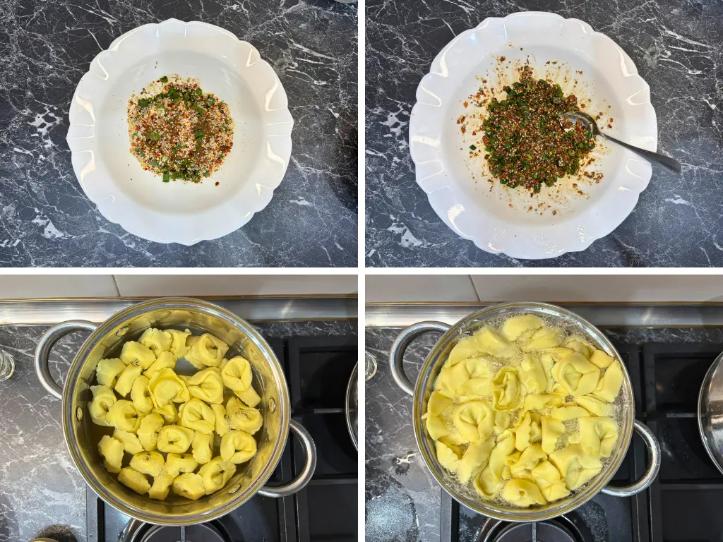 Step-by-step images showing chili oil sauce preparation in a bowl and tortelloni boiling in a pot.