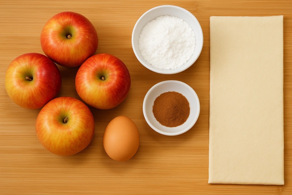 Top view of fresh apples, powdered sugar, ground cinnamon, puff pastry, and an egg arranged on a wooden surface for making apple tartlets.