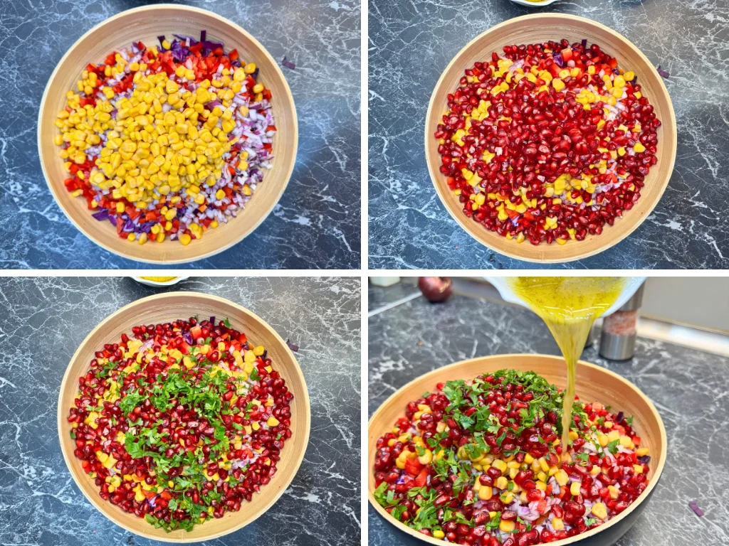 Step-by-step preparation of antioxidant raw vegetable salad adding red cabbage, carrots, bell pepper, onion, corn, pomegranate seeds, parsley, and lemon sumac dressing