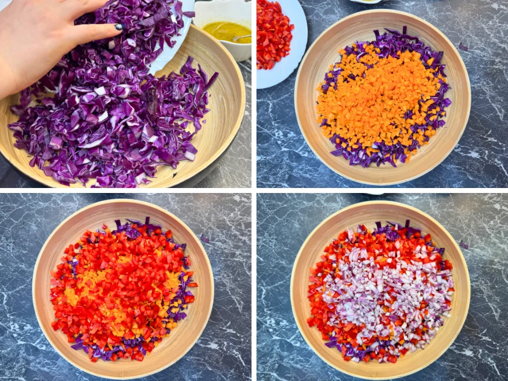 Step-by-step preparation of antioxidant raw vegetable salad adding red cabbage, carrots, bell pepper, onion, corn, pomegranate seeds, parsley, and lemon sumac dressing