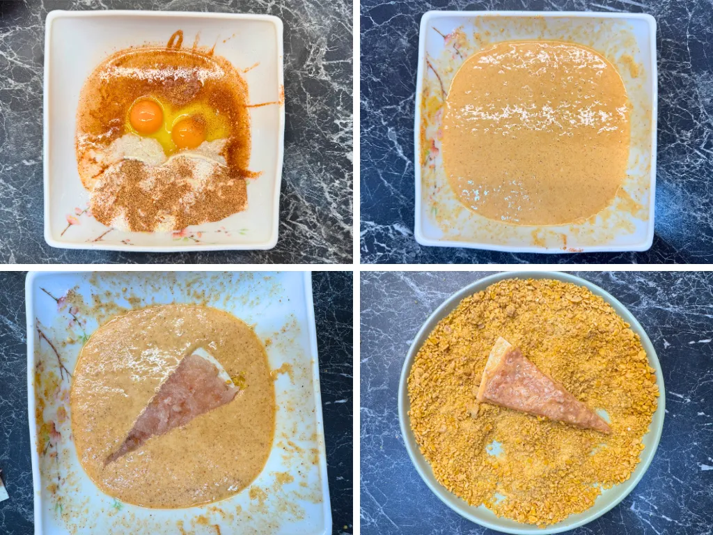 Step-by-step process of mixing the batter and coating each tortilla chicken wedge in crushed cornflakes for Crispy Chicken Tortilla Bites.