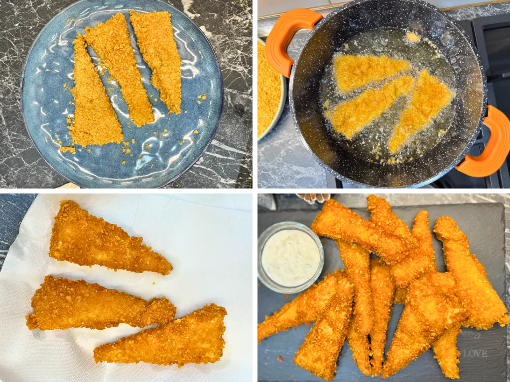 Breaded tortilla chicken wedges being fried until golden and crispy, ready to serve as Crispy Chicken Tortilla Bites.