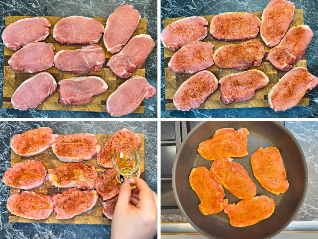 Step-by-step preparation of braised pork in dark beer showing raw pork slices, seasoning with spices, adding oil, and searing pork in a pan