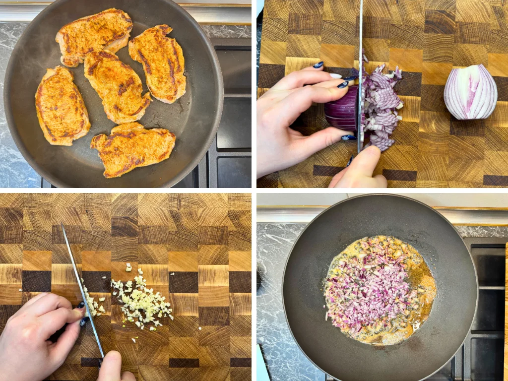 Searing seasoned pork in a pan and preparing aromatics for braised pork in dark beer, including chopped red onion and garlic sautéed in butter