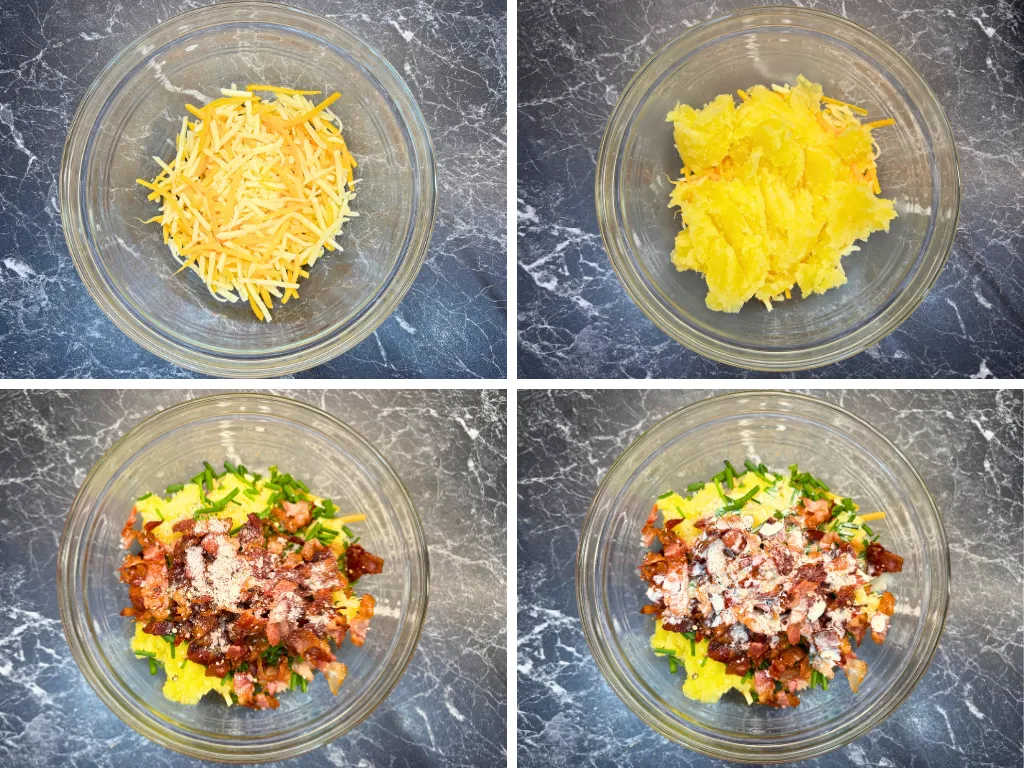 Combining mashed potatoes with cheese, bacon, chives, salt, pepper, sour cream, and cream to make loaded baked potato filling