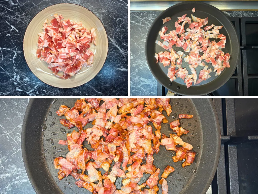 Step by step process of cooking chopped bacon in a pan until crispy for loaded baked potatoes