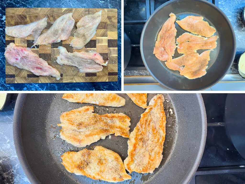 Chicken breasts sliced into cutlets and seasoned with salt and black pepper