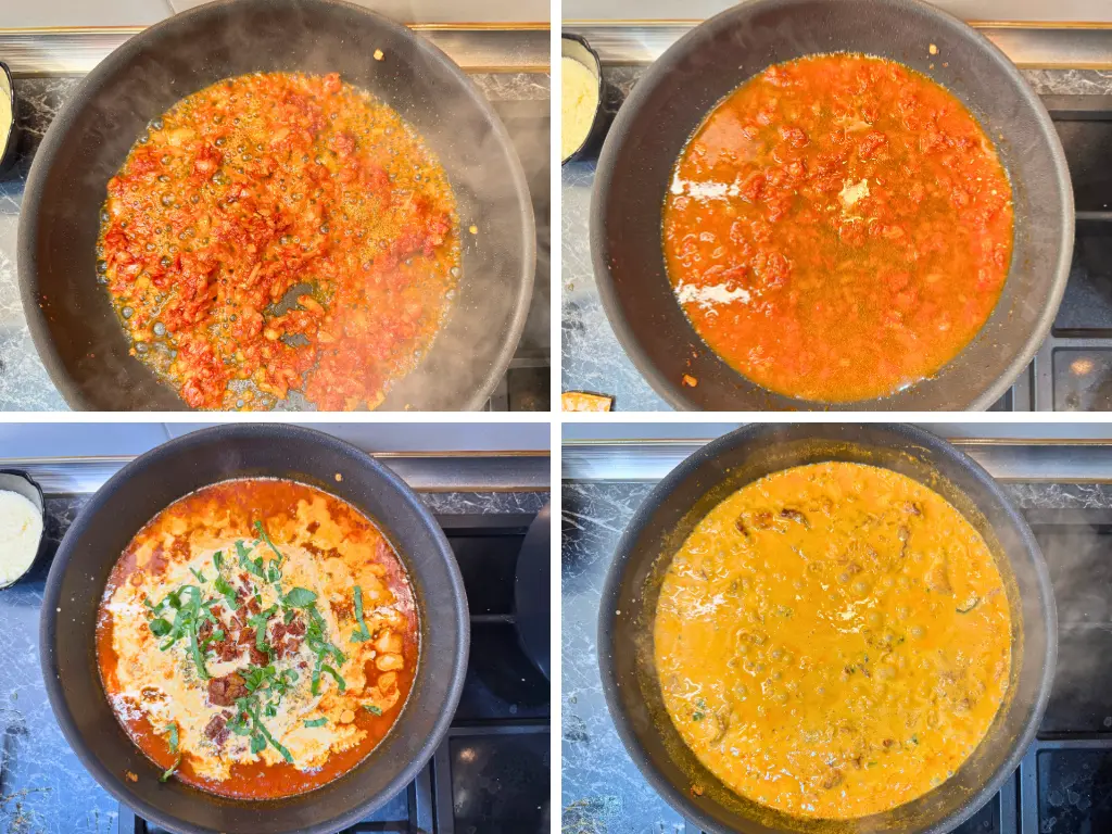 Collage showing tomato paste simmering with stock, cream, basil, and seasonings to form the creamy sauce for Marry Me Chicken Pasta