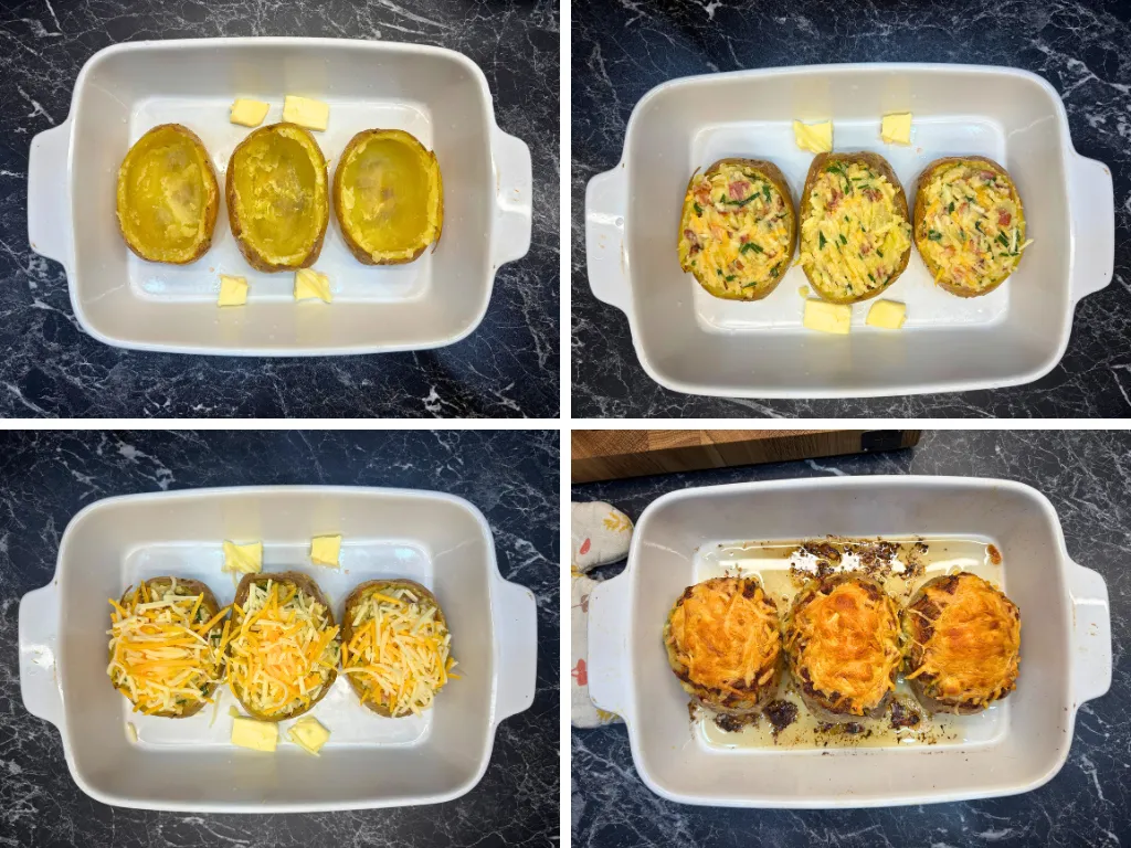 Step by step filling and baking process for loaded baked potatoes, from scooped potato skins to cheesy golden tops