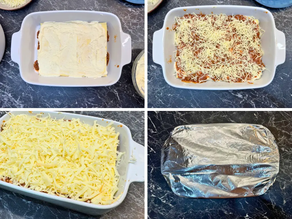 Step-by-step images showing the final layers of easy homemade lasagna, including spreading the ricotta layer, adding meat sauce, topping with shredded mozzarella, and covering the dish with foil before baking