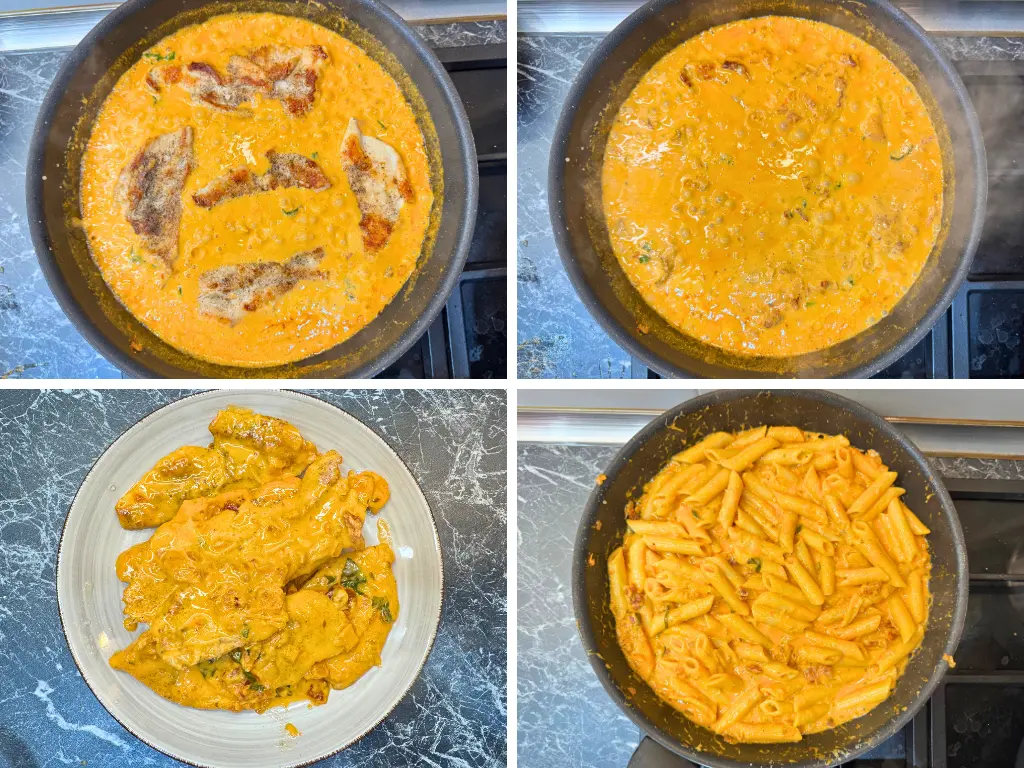 Collage showing seared chicken simmering in creamy sauce, pasta added, and Marry Me Chicken Pasta finished in a skillet