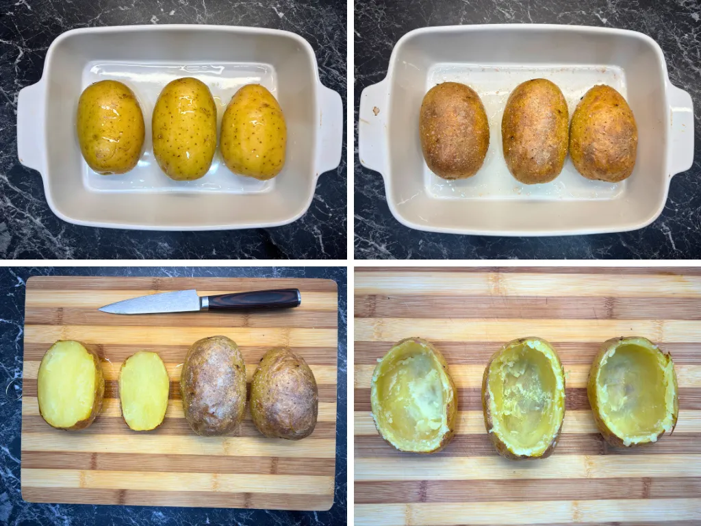 Step by step process of baking russet potatoes and scooping out the flesh for loaded baked potatoes