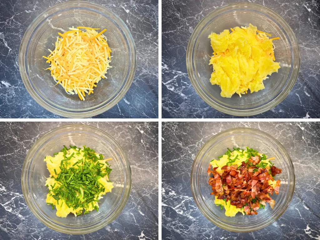 Step by step mixing process for loaded baked potato filling with mashed potatoes, cheddar cheese, chives, and crispy bacon