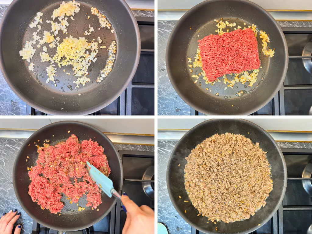 Step-by-step process of making meat sauce for easy homemade lasagna, showing sautéed onion and garlic, browning ground beef, and fully cooked seasoned meat in a skillet