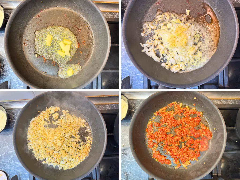 Collage showing butter melting, onion and garlic sautéing, and tomato paste caramelizing in a skillet for Marry Me Chicken Pasta