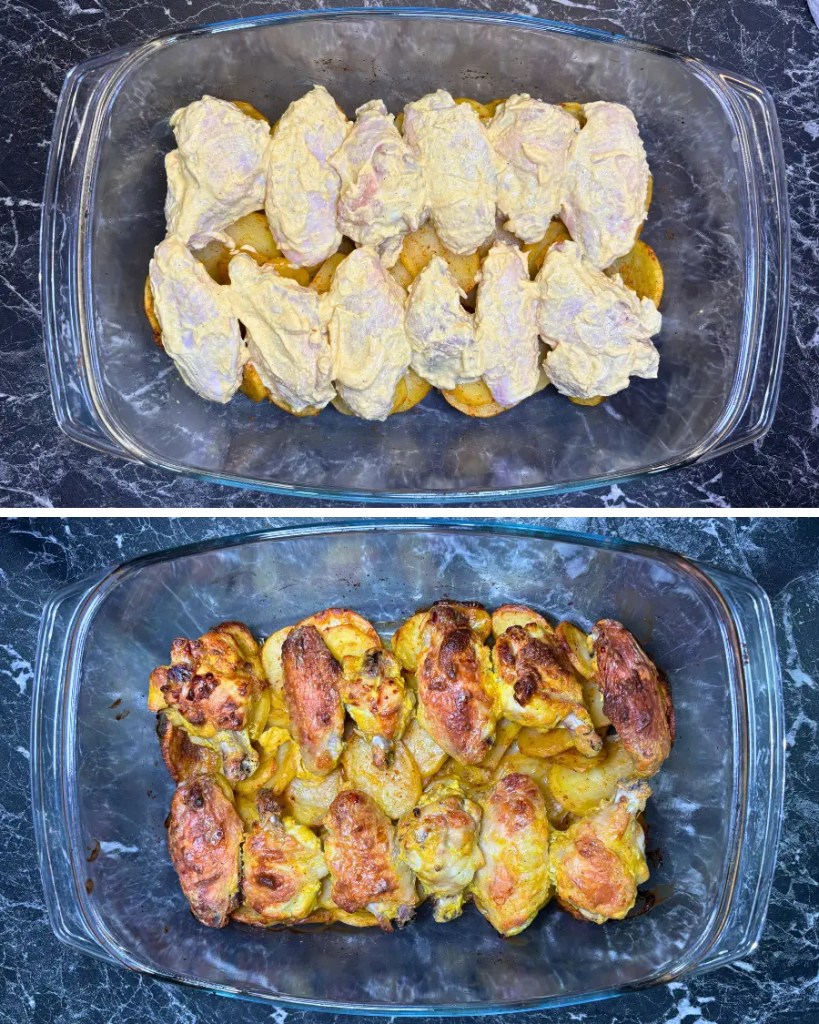 Marinated chicken wings placed over seasoned sliced potatoes in a baking dish before and after oven baking